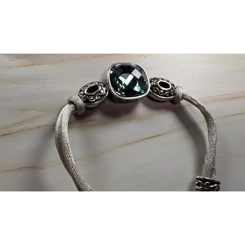 NWT Brighton VENUS Gray Cord Bracelet Crystal Cushion Cut Silver Heart Charm 38